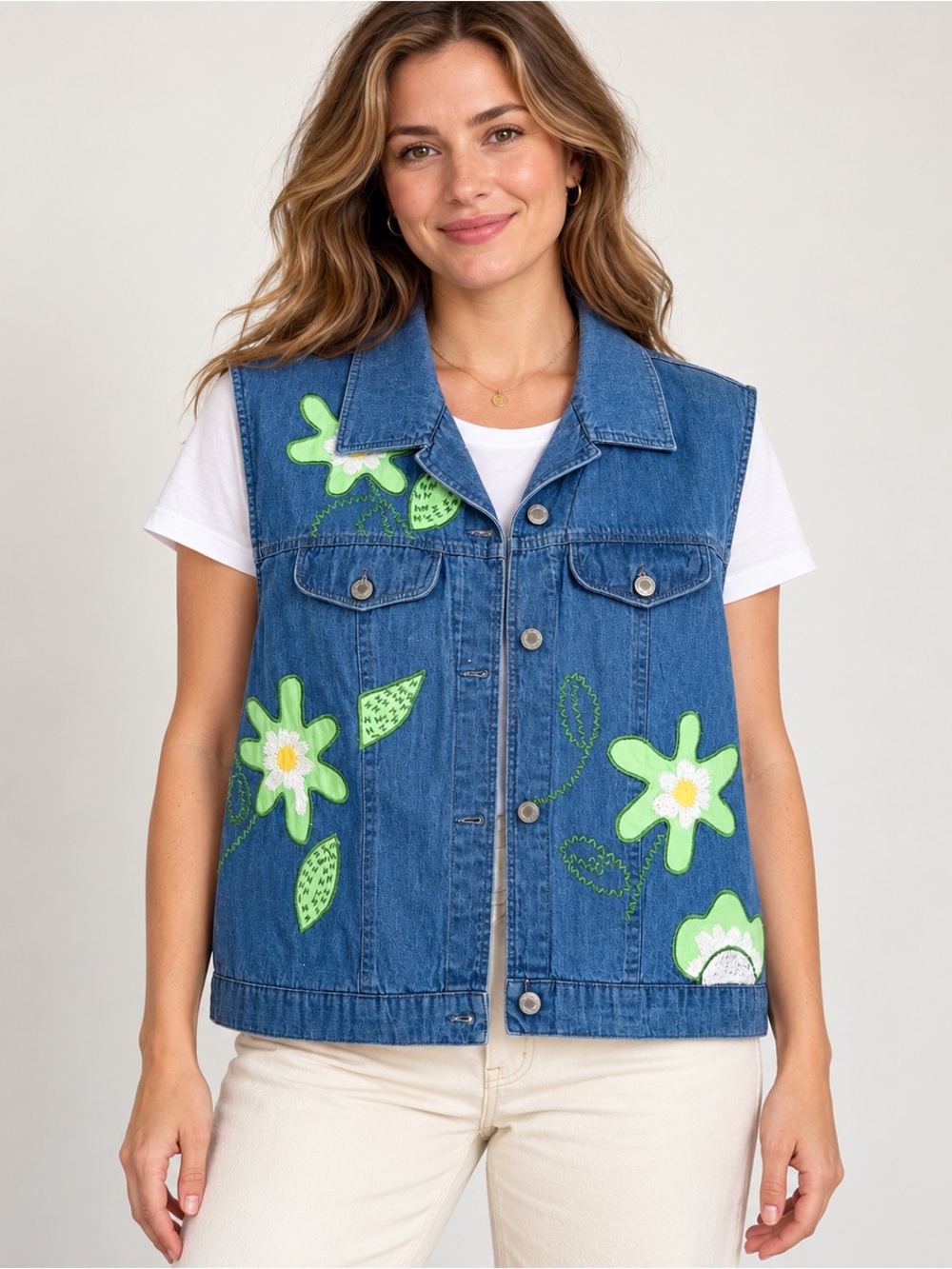 Vintage Country Wear Casuals Floral Appliqué Denim Vest Women’s Medium